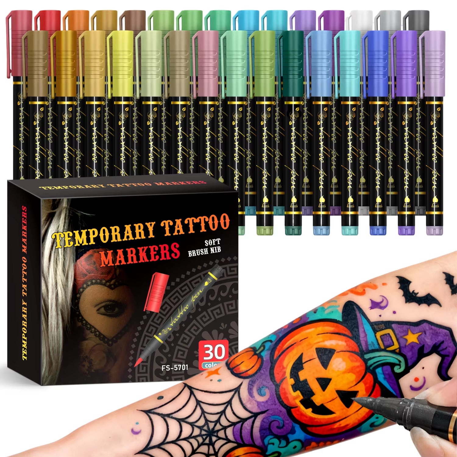 Temporary Tattoo Markers for Skin,10 Colors Tattoo Pens,Brush Tip,Bright Colors,Face Paint Kit Cosmetic Quality,Halloween Makeup