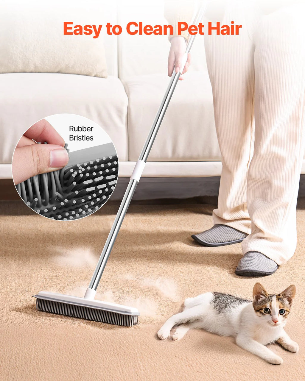Adjustable 58.46" Rubber Pet Hair Removal Broom - Effortless Cleaning for Pet Owners