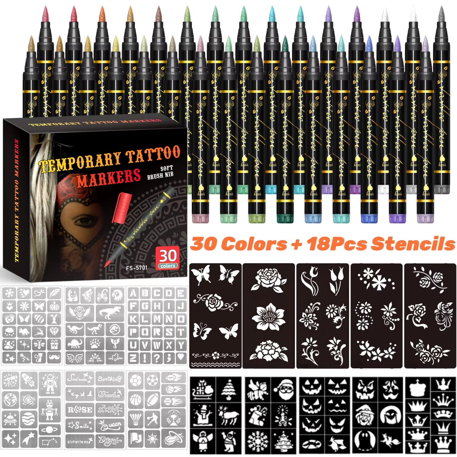 Temporary Tattoo Markers for Skin,10 Colors Tattoo Pens,Brush Tip,Bright Colors,Face Paint Kit Cosmetic Quality,Halloween Makeup