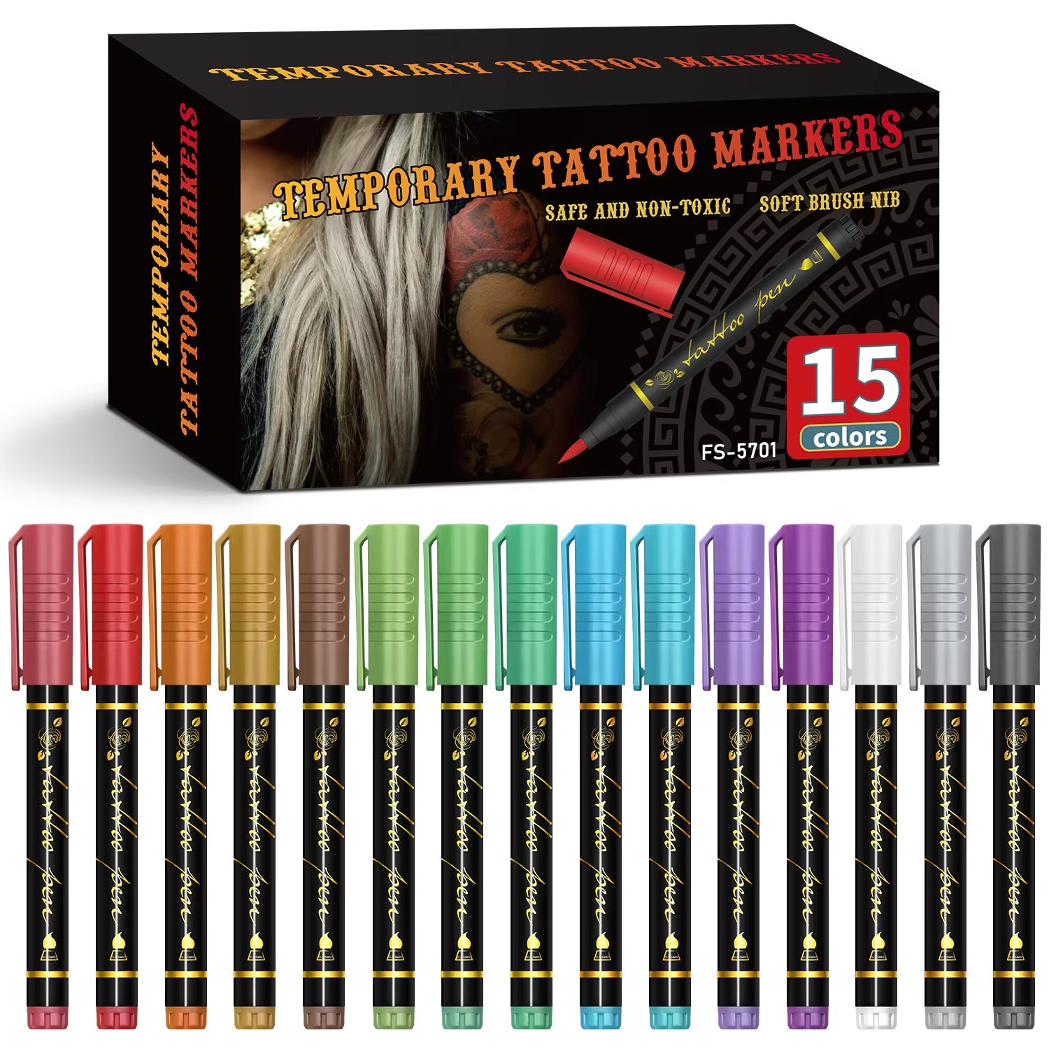 Temporary Tattoo Markers for Skin,10 Colors Tattoo Pens,Brush Tip,Bright Colors,Face Paint Kit Cosmetic Quality,Halloween Makeup