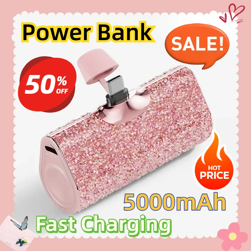 Portable Charger Mobile Power Bank Power Banks Fast Charging Power Bank Shiny Diamond Fashion High Quality 5000Mah