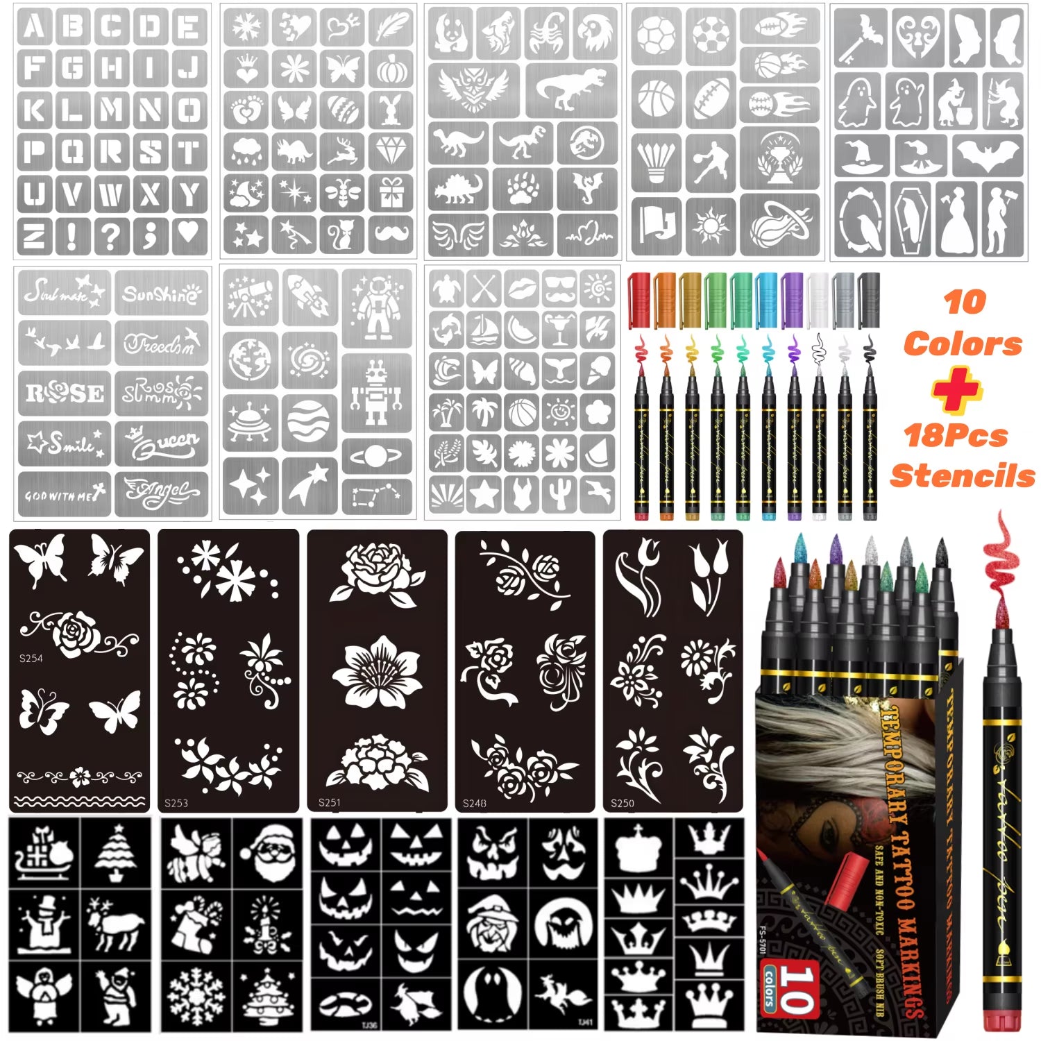 Temporary Tattoo Markers for Skin,10 Colors Tattoo Pens,Brush Tip,Bright Colors,Face Paint Kit Cosmetic Quality,Halloween Makeup