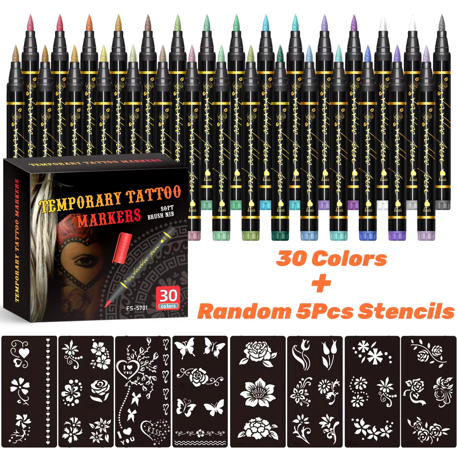Temporary Tattoo Markers for Skin,10 Colors Tattoo Pens,Brush Tip,Bright Colors,Face Paint Kit Cosmetic Quality,Halloween Makeup