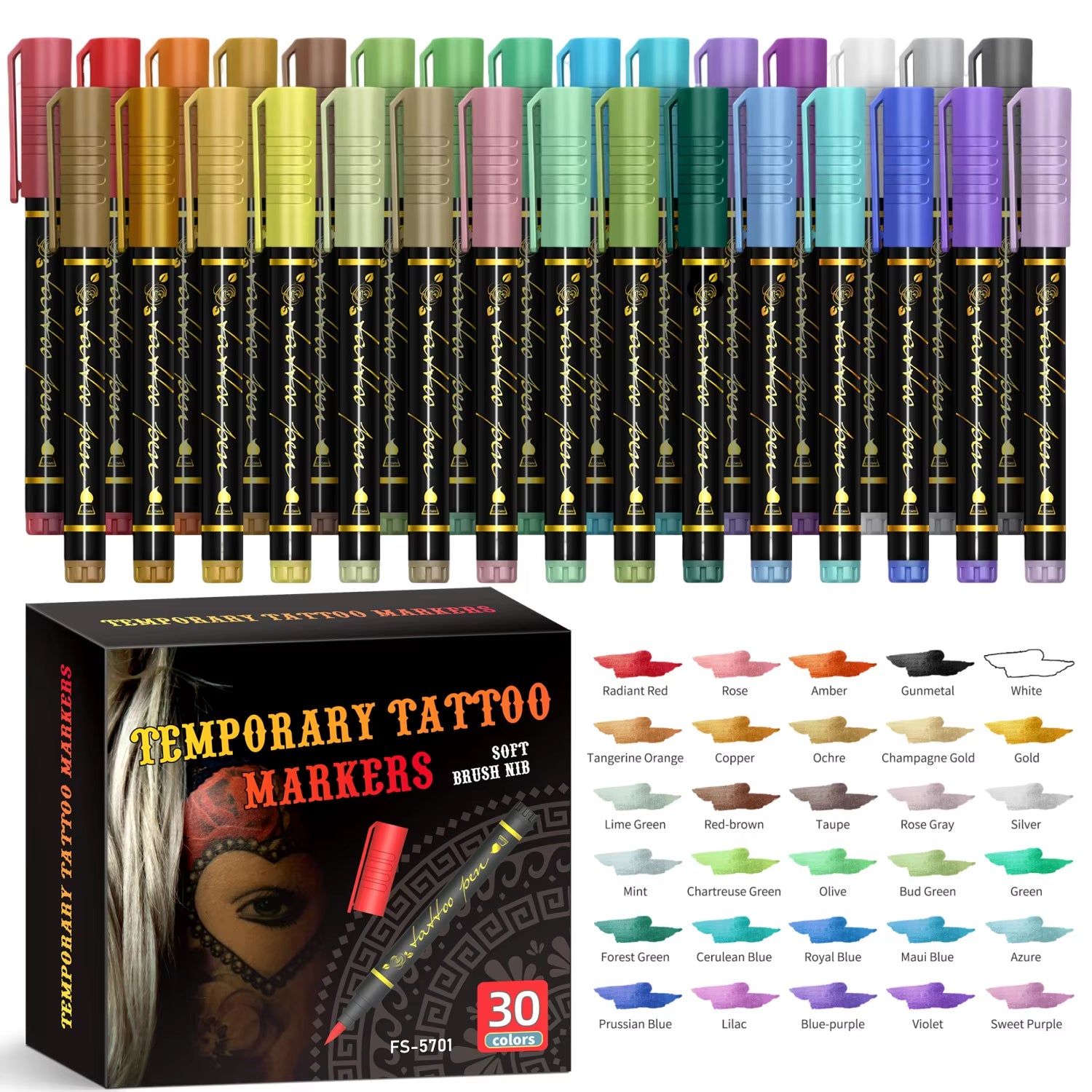 Temporary Tattoo Markers for Skin,10 Colors Tattoo Pens,Brush Tip,Bright Colors,Face Paint Kit Cosmetic Quality,Halloween Makeup