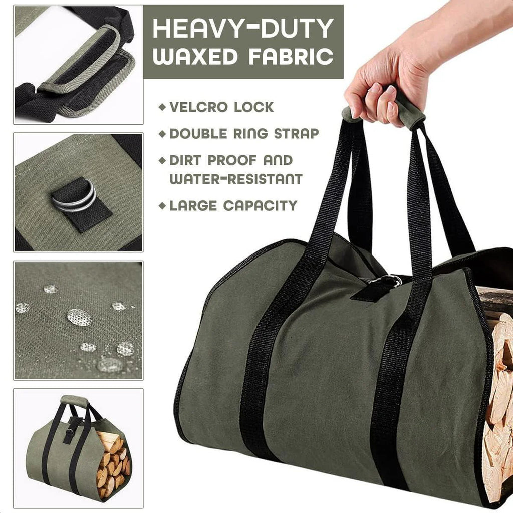 Premium Waxed Canvas Firewood Carrier with Handles - Durable Log Tote Bag for Easy Firewood Transport and BBQ Accessories