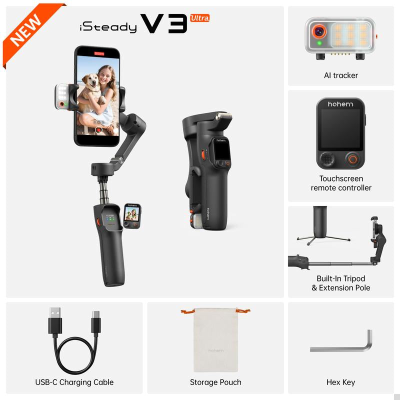 Hohem Isteady V3 Ultra Gimbal,Detachable Touchscreen Remote,Advanced AI Tracking with Any App,360° Infinite Pan Tracking,Select People&Obeject on Touchscreen to Track,3-Color Fill Light,3-Axis Stabilization, Compatible with Most Iphone&Android Series