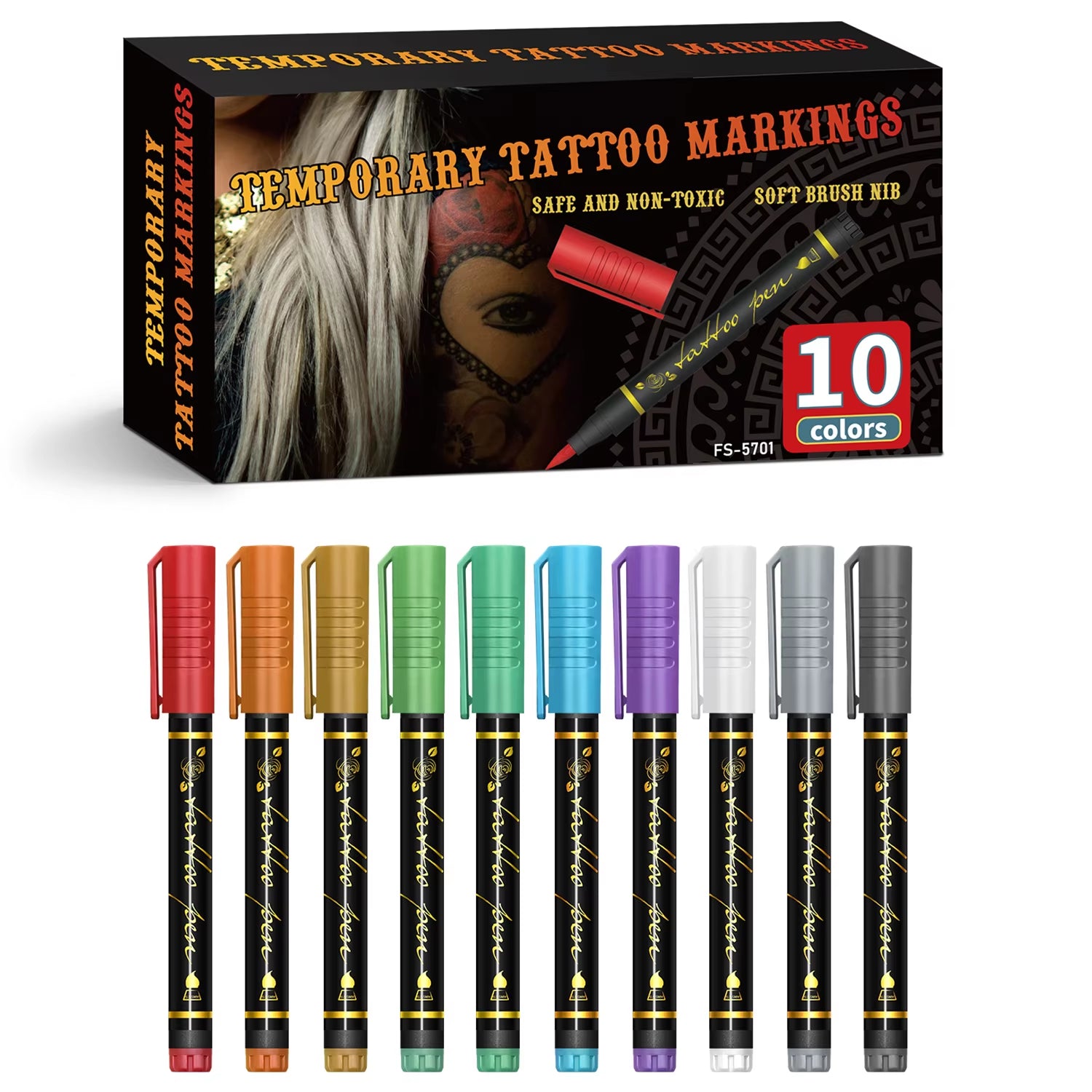 Temporary Tattoo Markers for Skin,10 Colors Tattoo Pens,Brush Tip,Bright Colors,Face Paint Kit Cosmetic Quality,Halloween Makeup