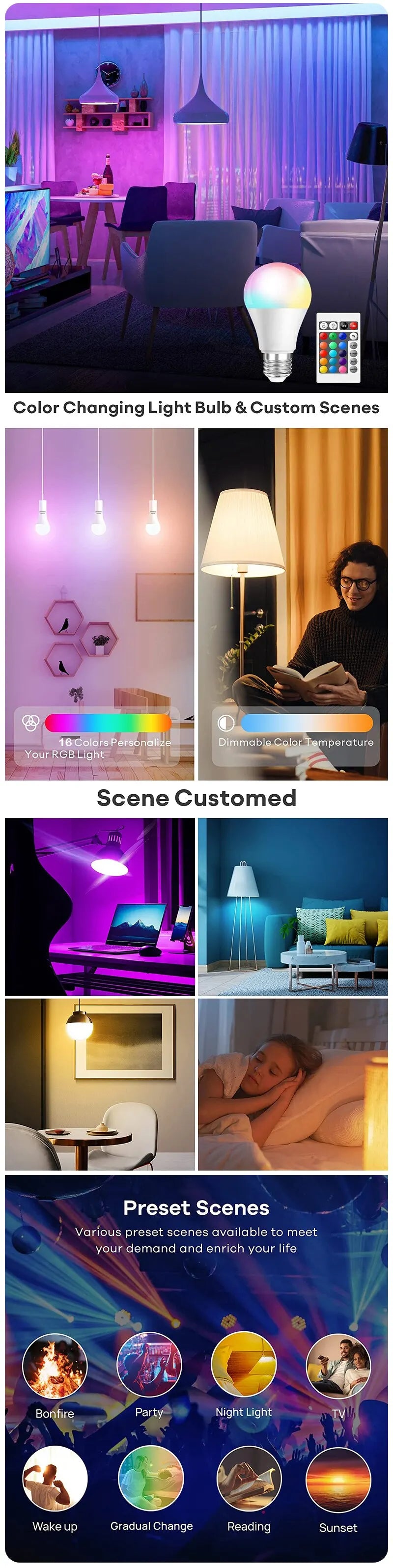 16 Color LED Multicolor Smart Light Bulb E27 220V Household Lighting Dimmable 24 Key Remote Control