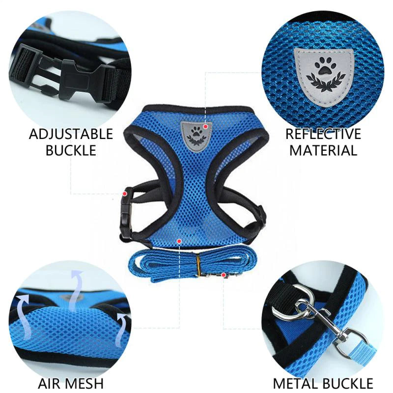 Adjustable Reflective Pet Harness and Leash for Cats and Dogs - Sizes S, M, L, XL