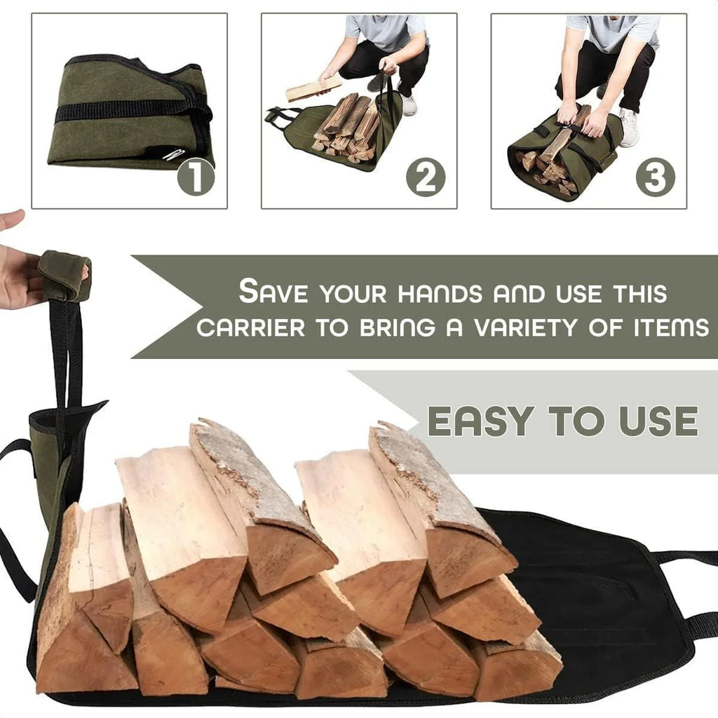Premium Waxed Canvas Firewood Carrier with Handles - Durable Log Tote Bag for Easy Firewood Transport and BBQ Accessories