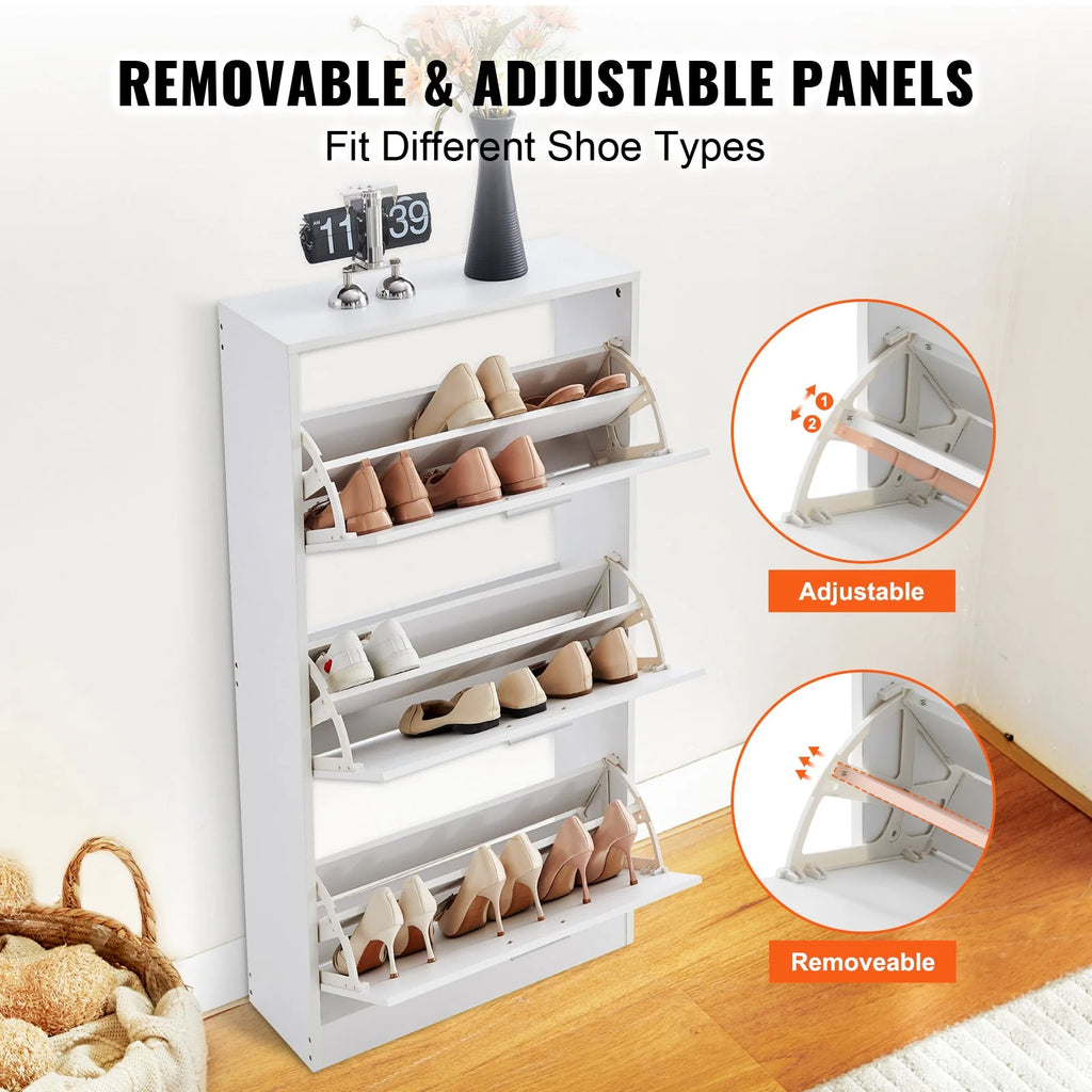 Stylish VEVOR Shoe Cabinet with 3 Flip Drawers - Versatile Shoe Storage Organizer for Entryway and Living Room with Side Hooks for Heels, Boots, and Slippers