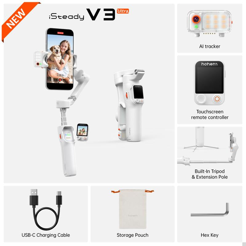 Hohem Isteady V3 Ultra Gimbal,Detachable Touchscreen Remote,Advanced AI Tracking with Any App,360° Infinite Pan Tracking,Select People&Obeject on Touchscreen to Track,3-Color Fill Light,3-Axis Stabilization, Compatible with Most Iphone&Android Series