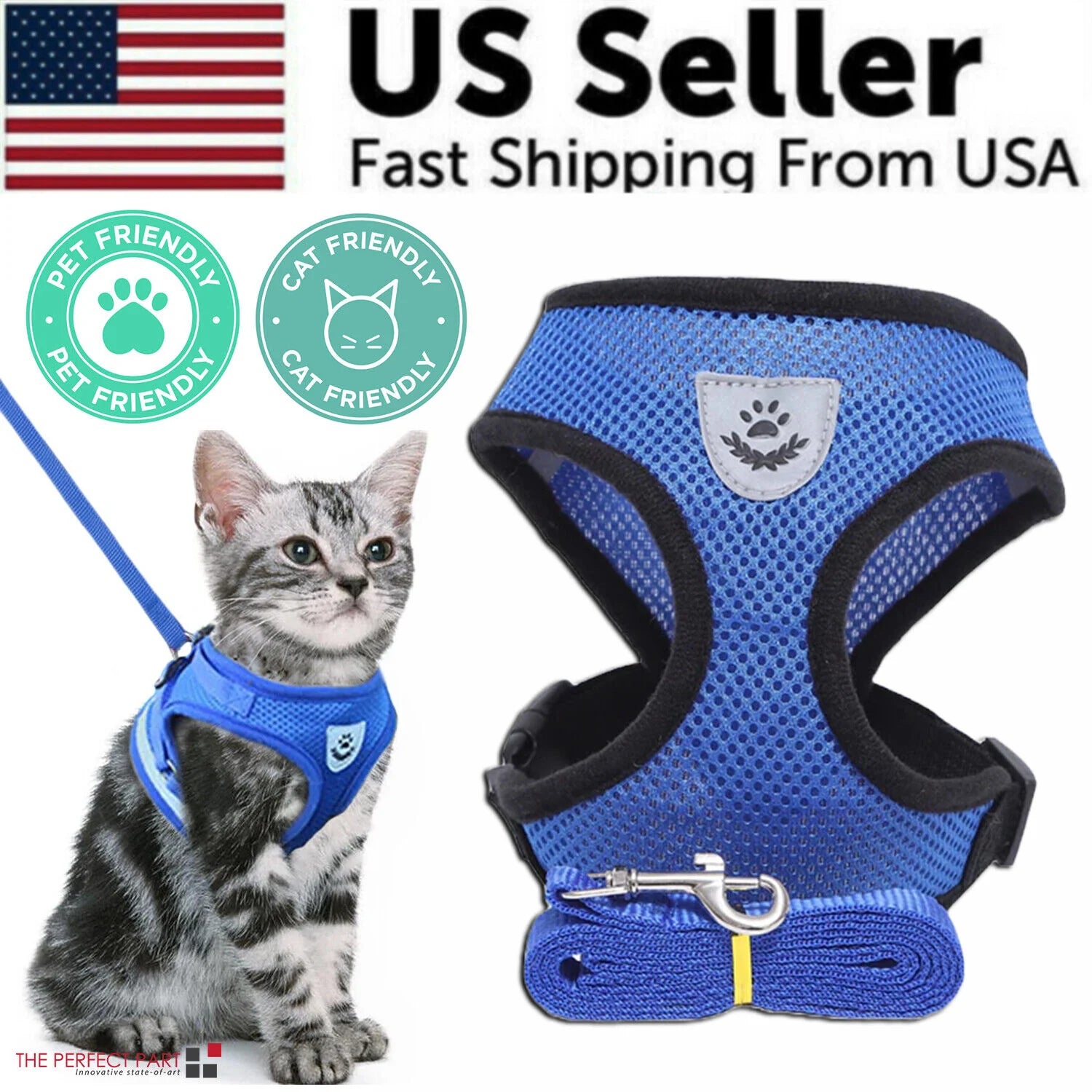 Adjustable Reflective Pet Harness and Leash for Cats and Dogs - Sizes S, M, L, XL