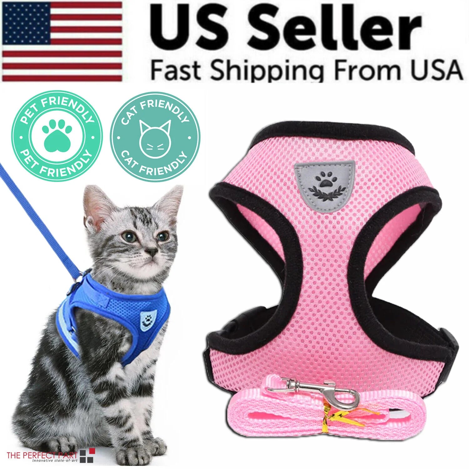 Adjustable Reflective Pet Harness and Leash for Cats and Dogs - Sizes S, M, L, XL