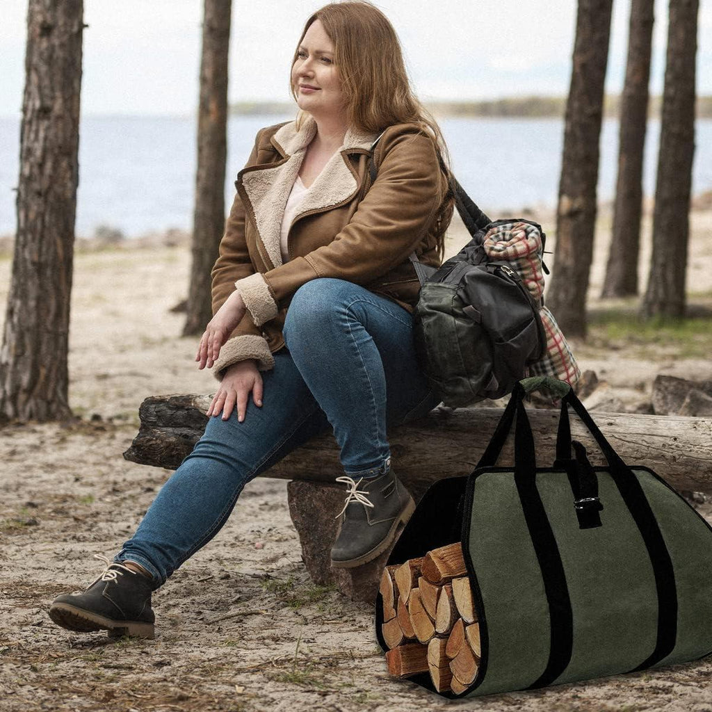 Premium Waxed Canvas Firewood Carrier with Handles - Durable Log Tote Bag for Easy Firewood Transport and BBQ Accessories