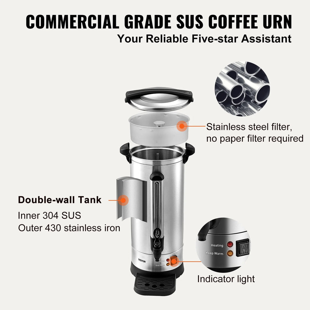 VEVOR 110-Cup Stainless Steel Coffee Urn – Fast Brew Commercial Coffee Dispenser
