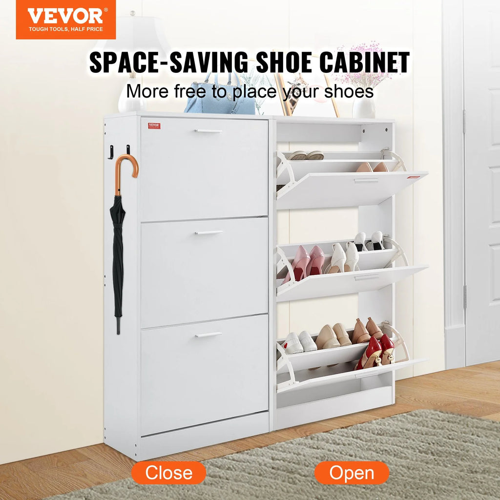 Stylish VEVOR Shoe Cabinet with 3 Flip Drawers - Versatile Shoe Storage Organizer for Entryway and Living Room with Side Hooks for Heels, Boots, and Slippers
