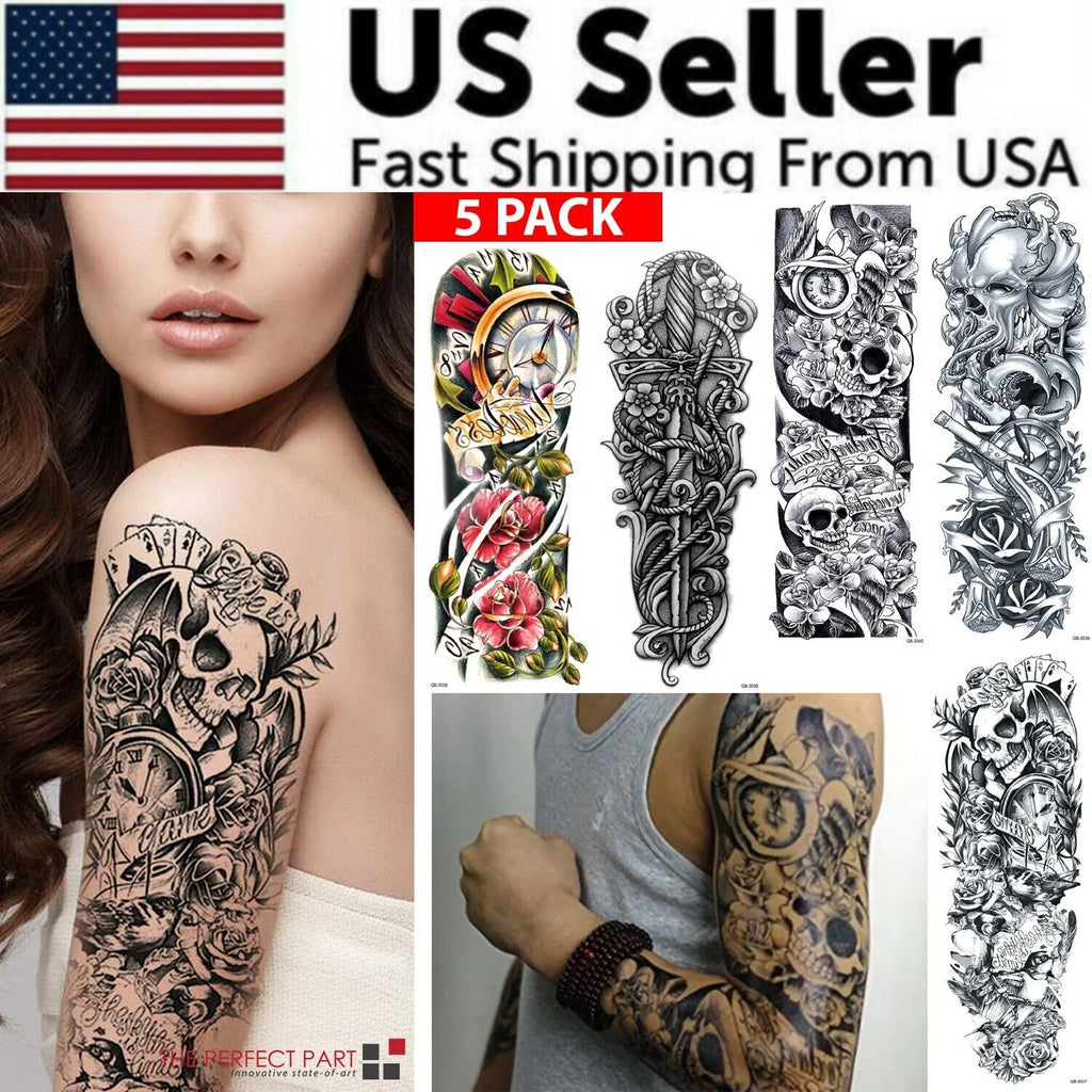Large Waterproof Temporary Tattoo Sleeve Set - 5 Stylish Designs for Men & Women, Perfect for Events and Festivals