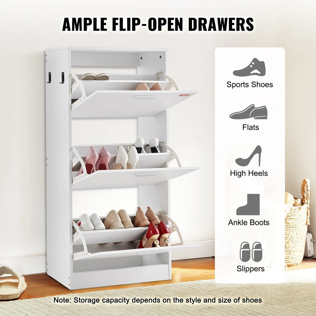 Stylish VEVOR Shoe Cabinet with 3 Flip Drawers - Versatile Shoe Storage Organizer for Entryway and Living Room with Side Hooks for Heels, Boots, and Slippers
